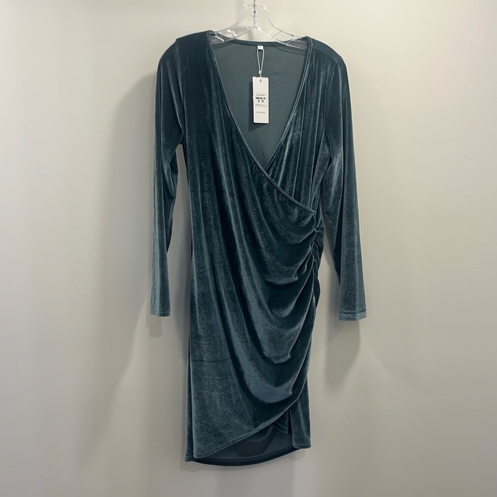 Blue gray velvet wrap dress with rouching